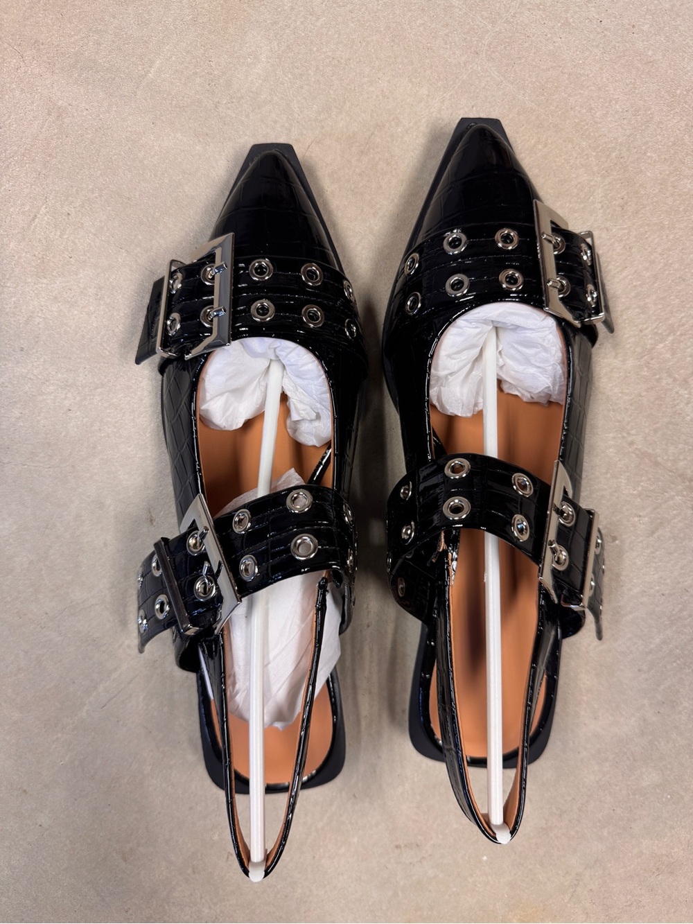 Black Patent Buckle Pointed Toe Slingback Flats
